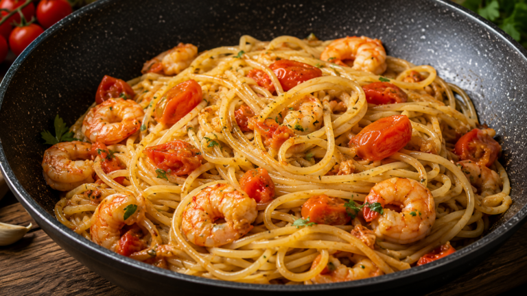 Linguine z krewetkami i pomidorkami koktajlowymi – szybki przepis pełen śródziemnomorskiego smaku